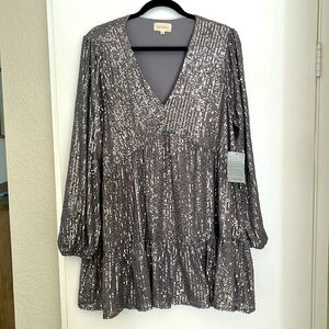 NWT Melloday V-Neck Long Sleeve Tiered Mini Sequin Dress